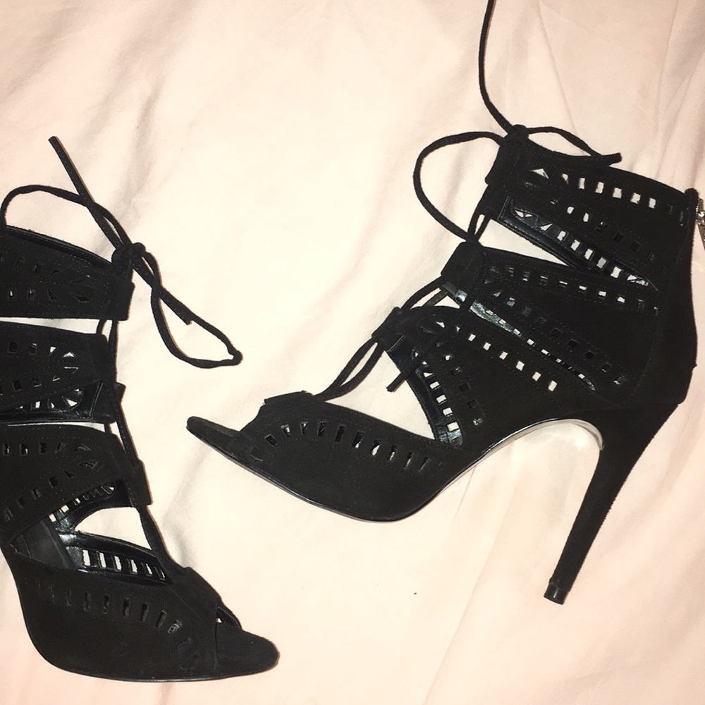 Zara black suede lace cut out and tie heels